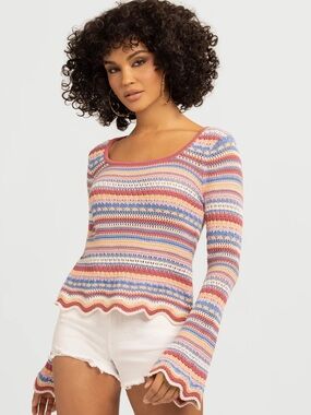 Jessica Simpson Striped Crochet Knit Top in Pink, Blue, Peach